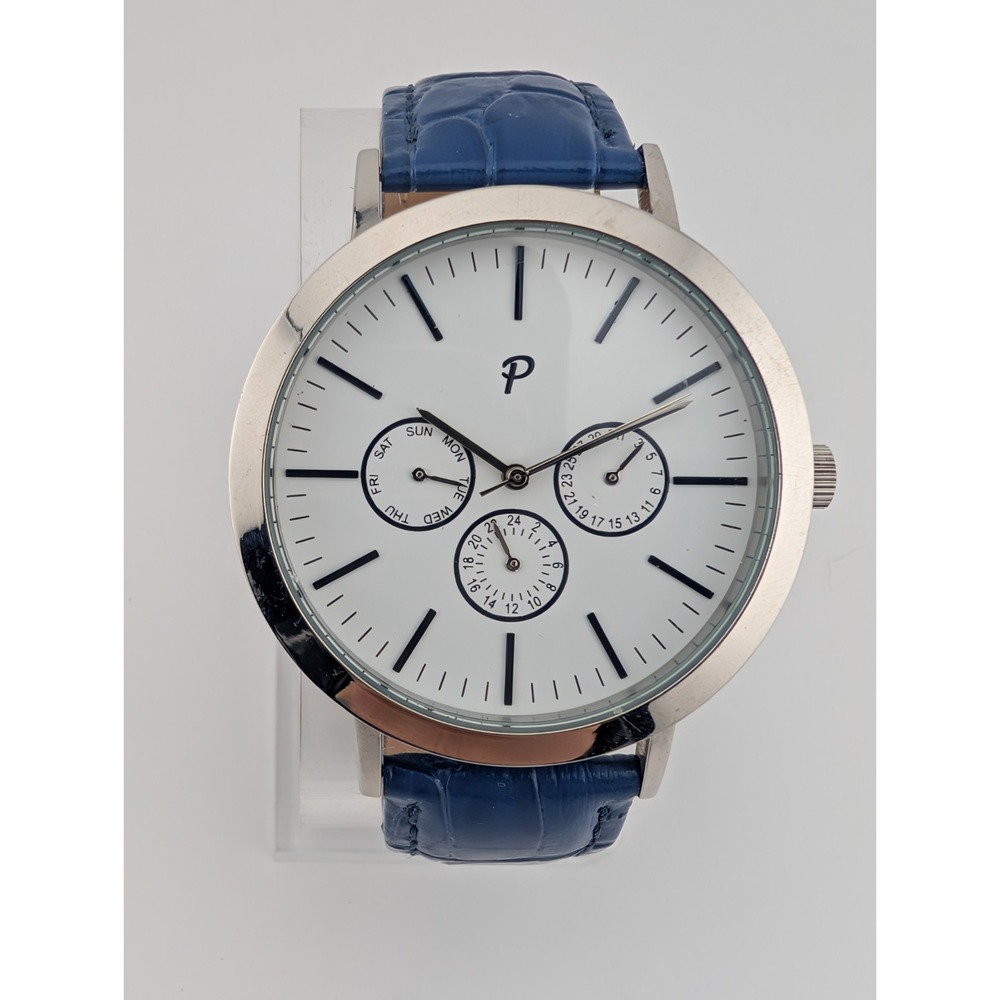 Packs Project Watch Men 44mm Silver Case Blue Leather Band- New Battery